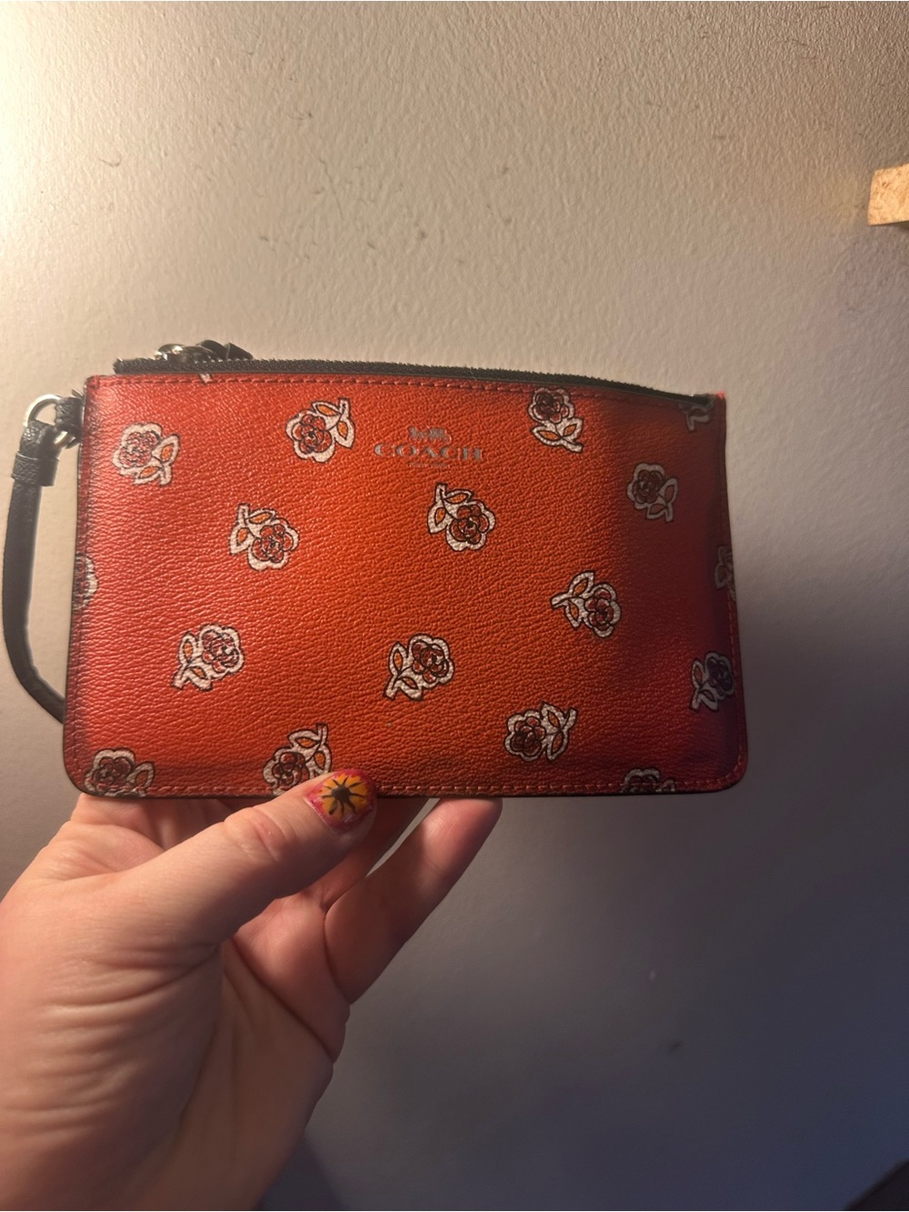 Coach Orange Floral Zip Wristlet Pouch
